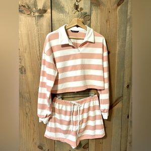 Super soft cropped and collared sweatshirt/short set in pink and white stripes